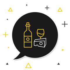 Line Wine bottle with glass and cheese icon isolated on white background. Romantic dinner. Colorful outline concept. Vector