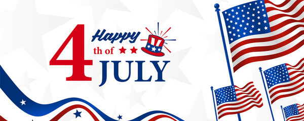 Happy 4th of July American United Stated independence day greeting design with American hat on waving American flag on the banner background

