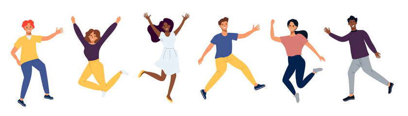 Happy jumping people. Young man and women happy dancing. Cheerful corporate employees cartoon characters set. The concept of friendship, success and teamwork, Music and party. Flat vector illustration