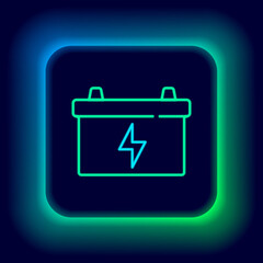 Glowing neon line Car battery icon isolated on black background. Accumulator battery energy power and electricity accumulator battery. Colorful outline concept. Vector