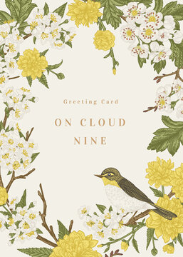 Fototapeta Greeting card with bird and flowers.