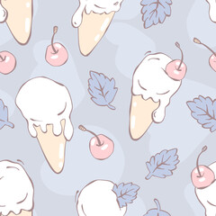 Hello summer, hot season, summer desserts. Seamless pattern with ice cream. Color flat hand-drawn vector illustration of vacation time for design t-shirts typography cards and posters. Cartoon style.