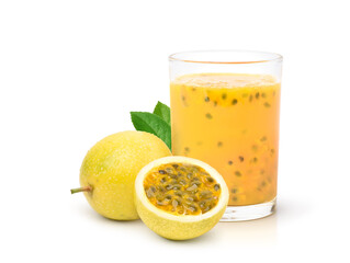 Yellow passion fruit juice with cut in half  isolated on white background..
