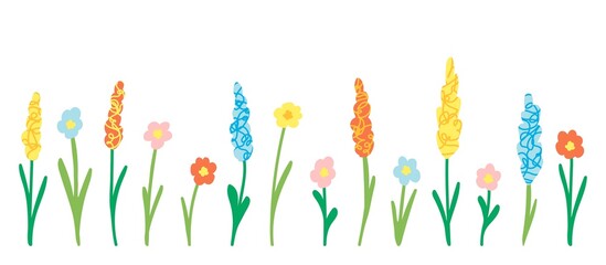 Simple color vector drawing. Floral set, festive spring-summer season. Design of cards, invitations, birthday. Pink, blue, yellow wildflowers, inflorescences on the stem. Creation of patterns, labels.