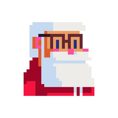 Santa Claus face pixel art character.  Avatar, portrait, profile picture. Happy New Year. Pixel art. Flat style. Game assets. 8-bit. Isolated vector illustration.  Design for logo, sticker, app.