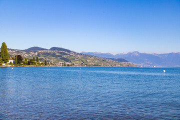 Fototapeta na wymiar Vue d'été sur le lac Léman depuis les quais d'Ouchy à Lausanne (Canton de Vaud, Suisse)
