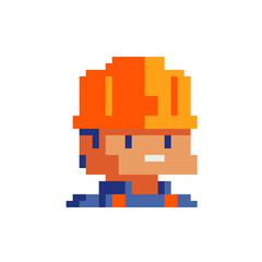 Builder character, worker. Avatar, male portrait, profile picture.  Pixel art. Flat style. Game assets. 8-bit. Isolated vector illustration.  