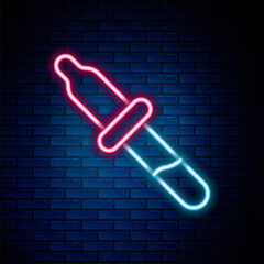 Glowing neon line Pipette icon isolated on brick wall background. Element of medical, chemistry lab equipment. Medicine symbol. Colorful outline concept. Vector