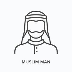 Muslim man flat line icon. Vector outline illustration of arab user avatar. Black thin linear pictogram for sheikh
