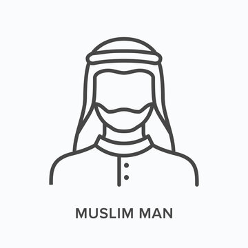 Muslim Man Flat Line Icon. Vector Outline Illustration Of Arab User Avatar. Black Thin Linear Pictogram For Sheikh