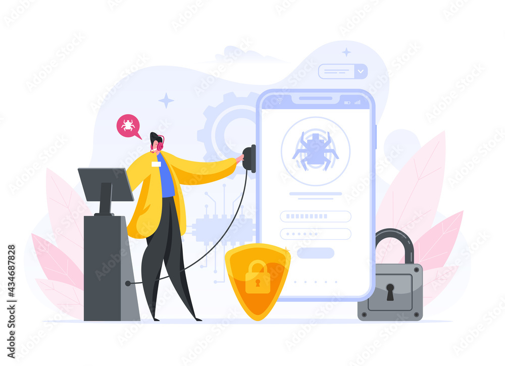 Aufkleber colorful vector illustration of cartoon male using modern equipment to scan smartphone for malware w