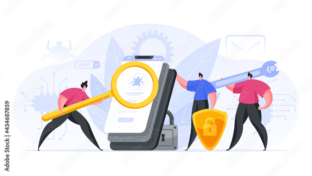 Poster colorful vector illustration of team of male programmers creating and testing modern security softwa