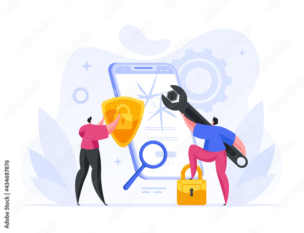 Aufkleber colorful vector illustration of male programmers with spanner and magnifying glass adjusting securit