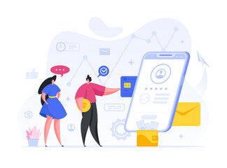 Colorful vector illustration of cartoon man and woman with coin and credit card using modern smartphone to make money transaction