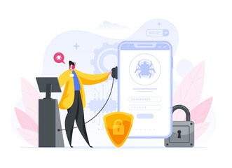 Colorful vector illustration of cartoon male using modern equipment to scan smartphone for malware while working in private data security service