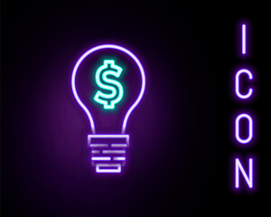 Glowing neon line Light bulb with dollar symbol icon isolated on black background. Money making ideas. Fintech innovation concept. Colorful outline concept. Vector