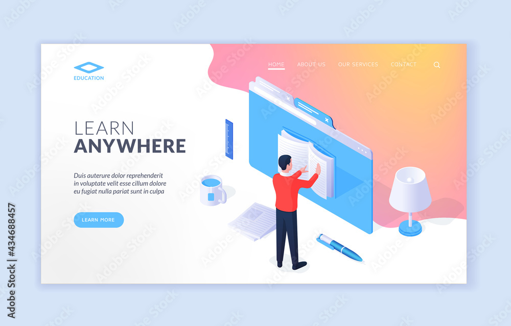 Poster learn anywhere website banner template. vector design of isometric website banner with man reading b