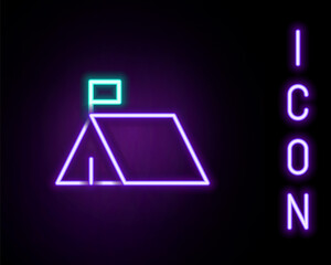 Glowing neon line Protest camp icon isolated on black background. Protesting tent. Colorful outline concept. Vector