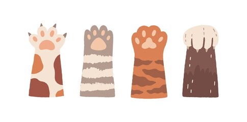 Set of cute cat paws with claws and soft pads. Adorable fuzzy hands of kittens. Sweet funny kitty s foot. Animal s high five concept. Colored flat vector illustration isolated on white background