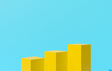 Yellow 3D render of stage podium pedestal on blue background abstract. Cube box.