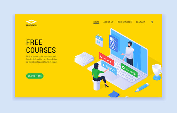 Free courses website banner template. Vector illustration of modern website design with isometric person studying online on source of free courses. Online education concept
