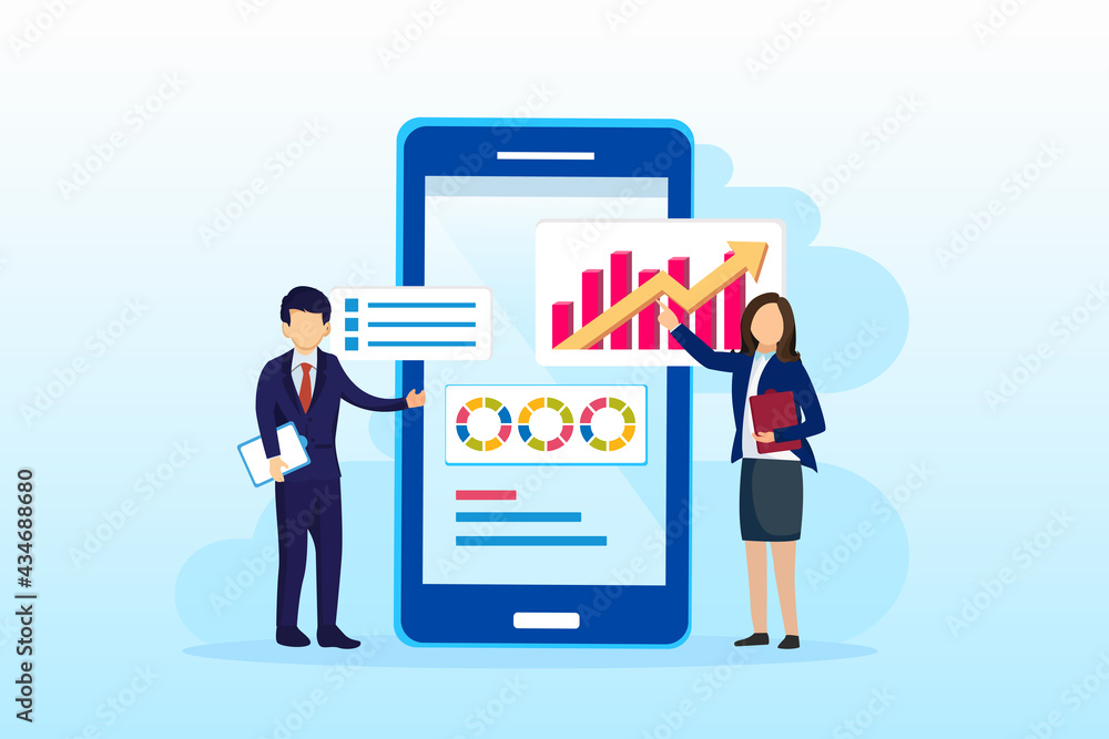 Poster data analysis concept, people work in front of a big mobile phone. auditing, financial consulting. f