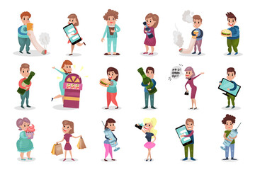 People Characters Leading Unhealthy Lifestyle Eating Fast Food and Drinking Alcohol Vector Illustration Set