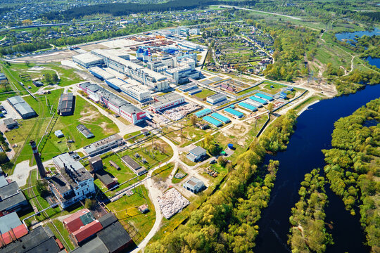 Aerial view of modern paper factory in the city