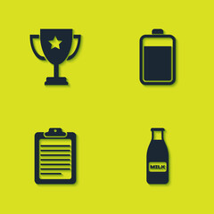 Set Trophy cup, Glass bottle milk and cap, Clipboard with document and Battery icon. Vector