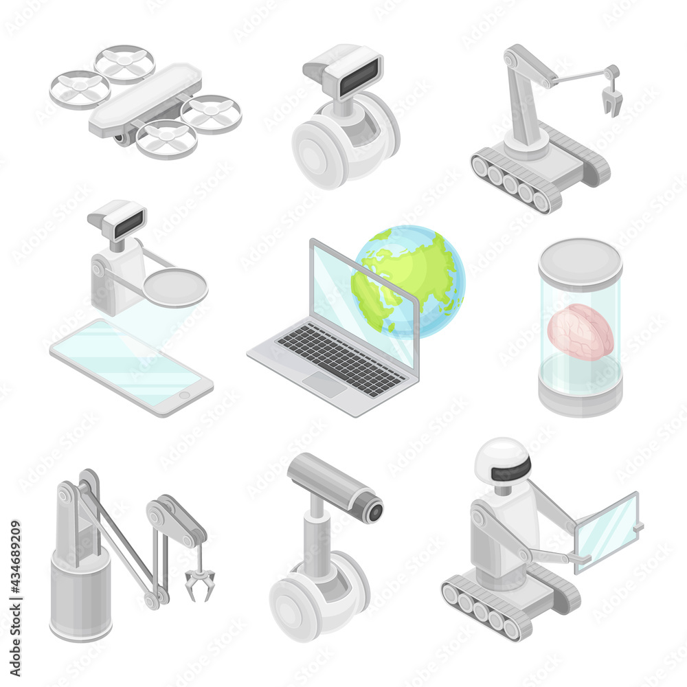 Poster robotic technology with electronic equipment and artificial intelligence like smartphone and automat