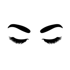 Vector eye illustration with long false eyelashes and wide eyebrows. The woman s eyes closed. For beauty salon, lash extensions maker.