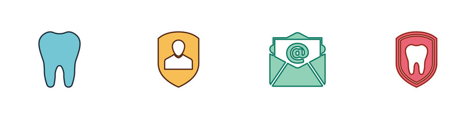 Set Tooth, User protection, Mail and e-mail and Dental icon. Vector