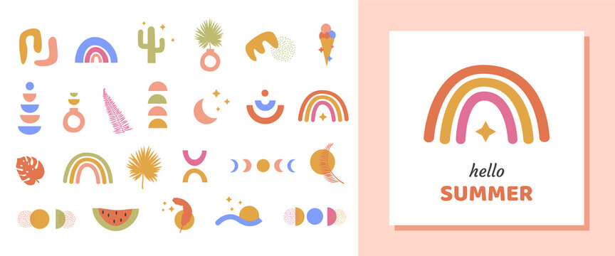 Bohemian Tropical Summer Set of abstract elements in bright colors. Card template with Trendy boho hand drawn doodle shapes in contemporary flat style. Modern Geometric scribble objects. Vector.