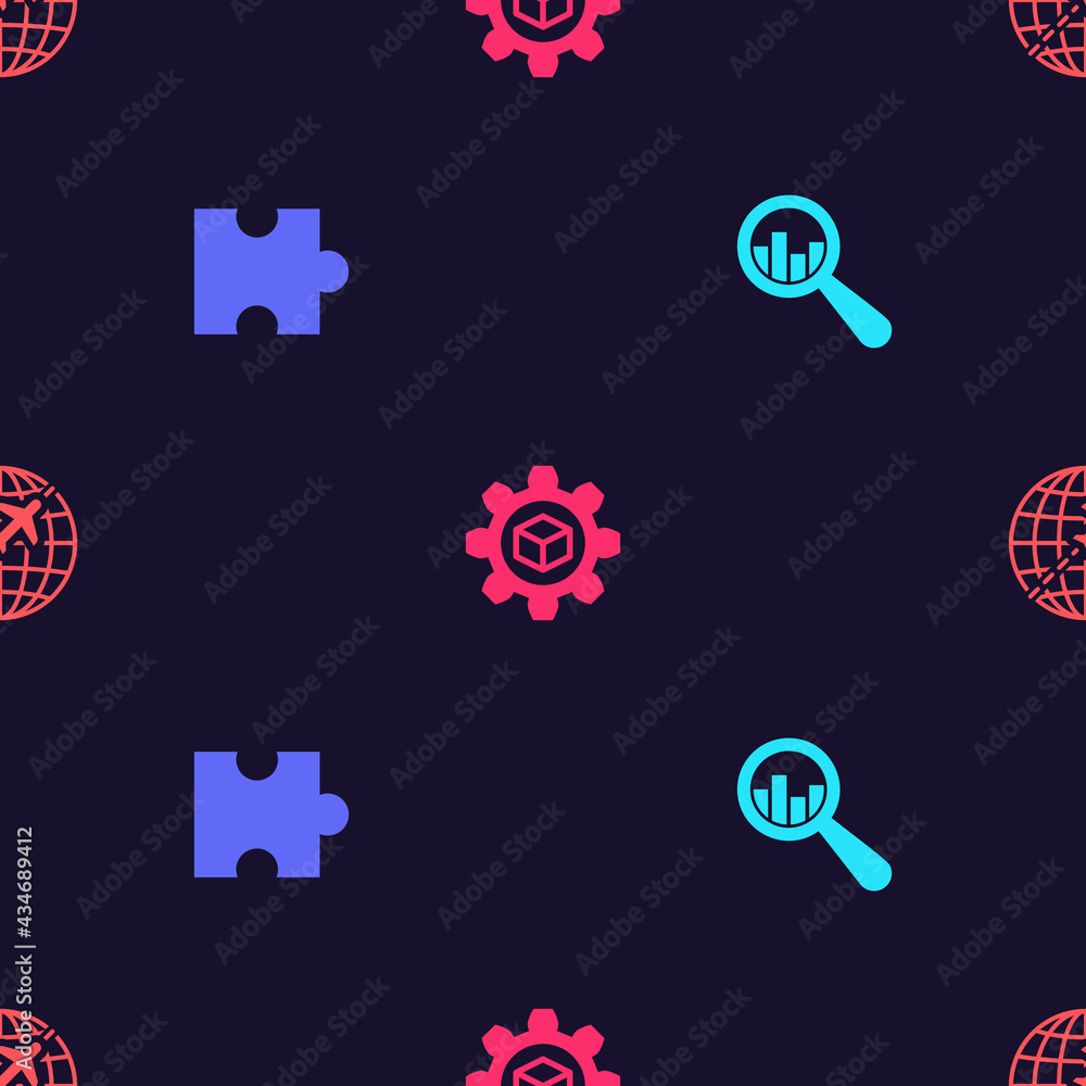 Poster set magnifying glass and analysis, piece of puzzle, product development and globe with flying plane 