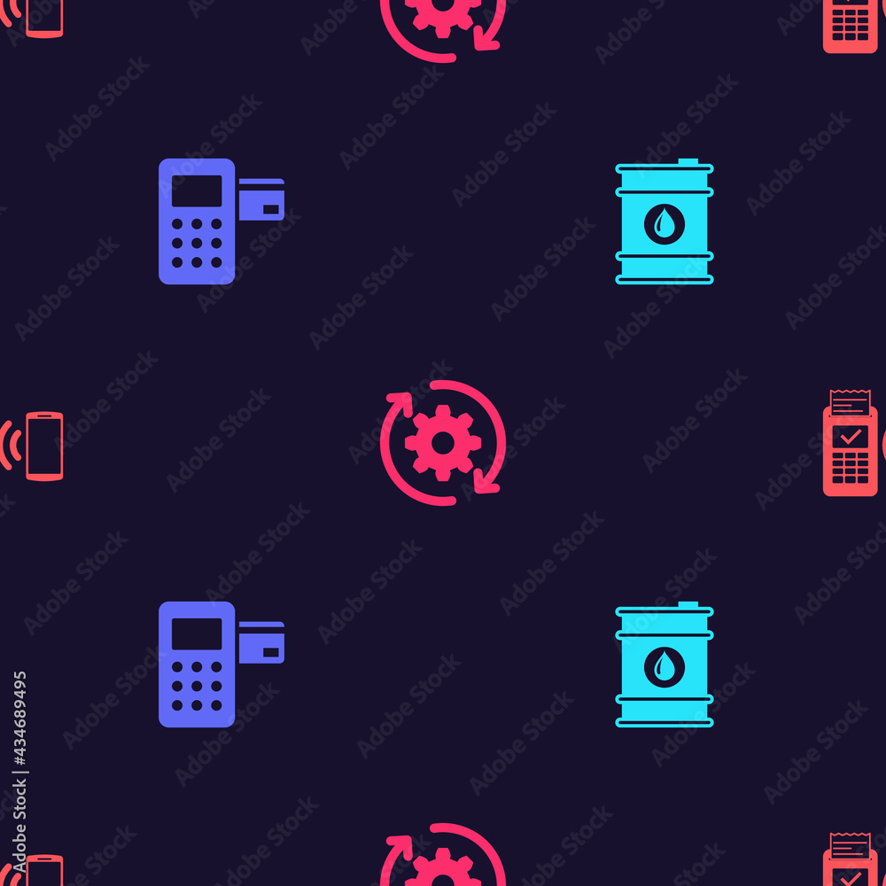 Poster set barrel oil, pos terminal, gear and arrows as workflow and pos on seamless pattern. vector