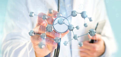 Doctor touching a 3d molecule concept - 3d rendering
