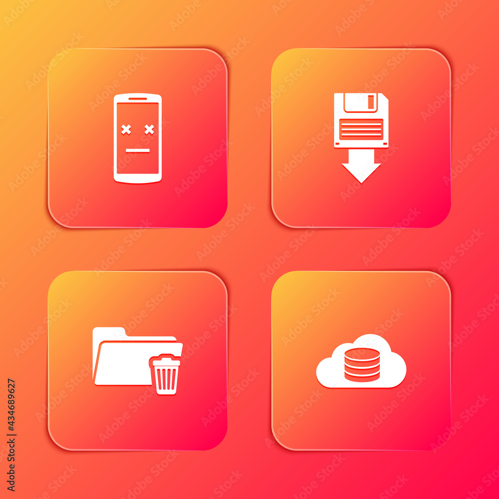 Poster set dead mobile, floppy disk backup, delete folder and cloud database icon. vector