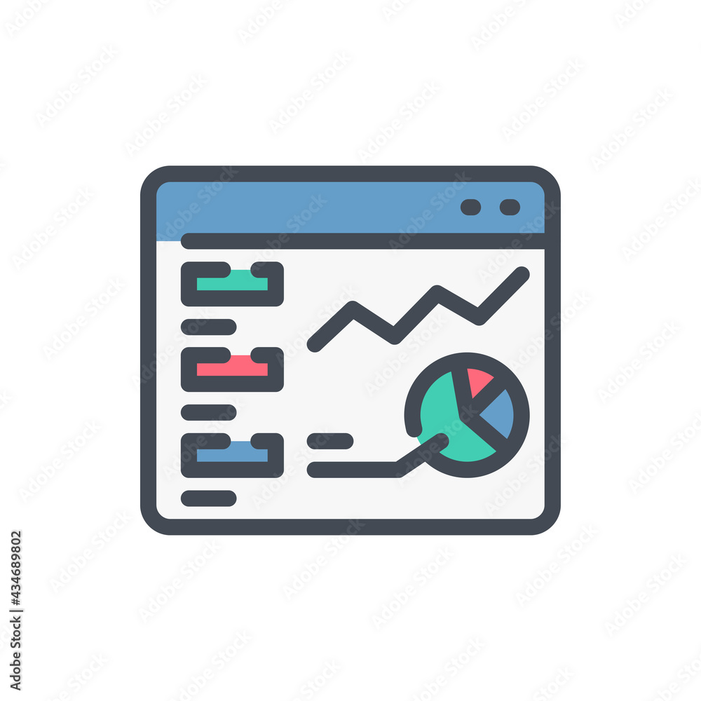 Poster website with chart and analytics color line icon. web page with online statistics and progress vecto