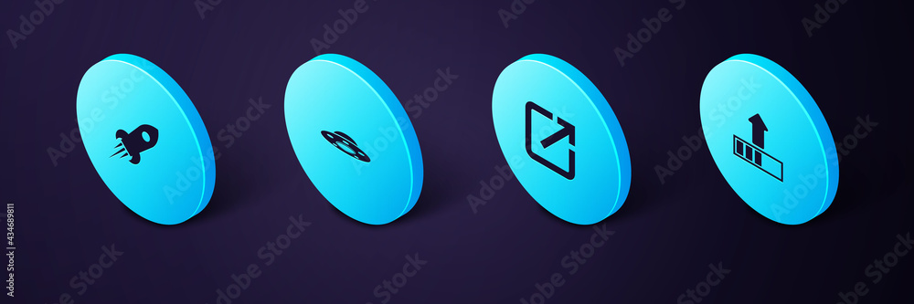 Poster set isometric loading, open new window, ufo flying spaceship and rocket with fire icon. vector