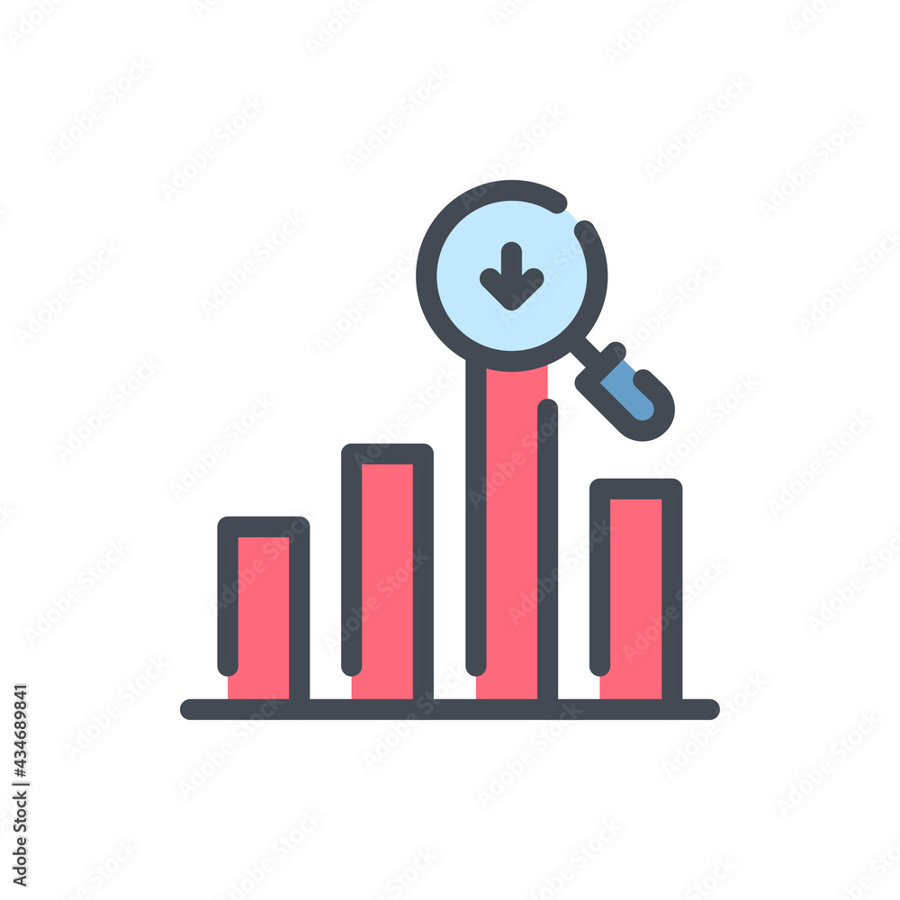 Poster falling market chart with magnifier and arrow down color line icon. histogram and diagram goes down 