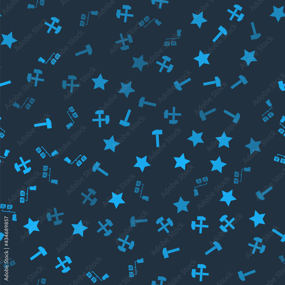 Poster set two crossed hammers, star, hammer and folder tree on seamless pattern. vector