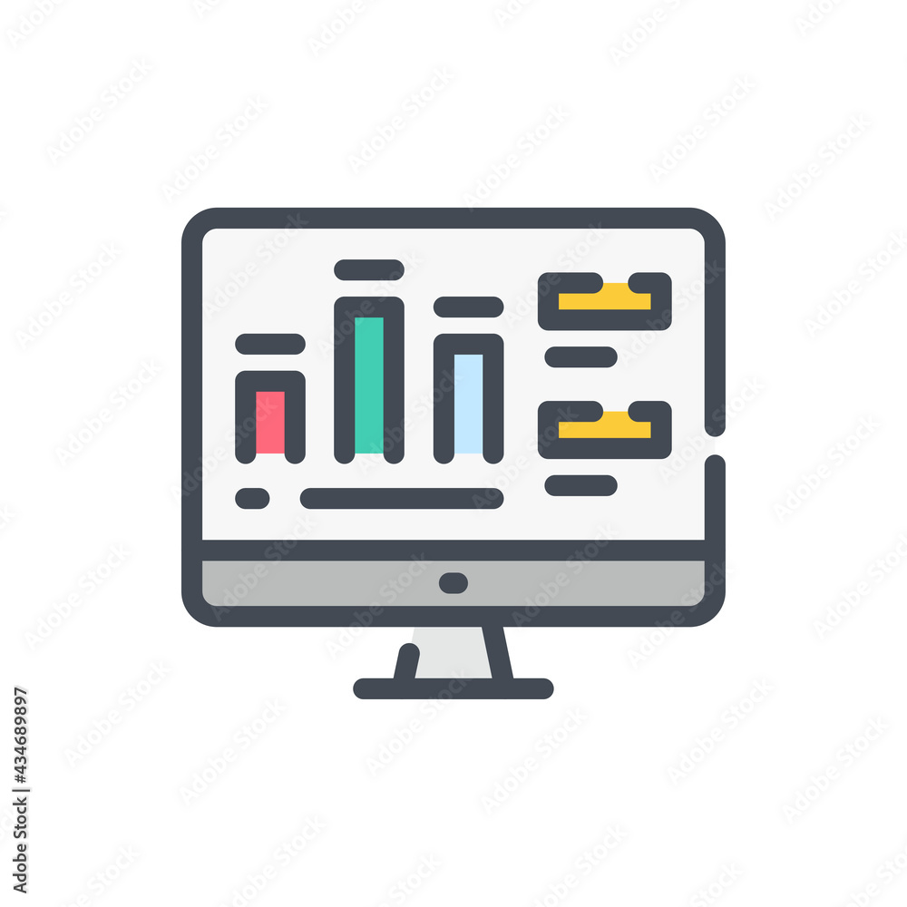 Poster computer with online statistics and analytics color line icon. online report and chart analysis vect