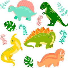 Set of cute dinosaurs in cartoon style. Bright childish drawing with animals. Vector illustration isolated on white background.