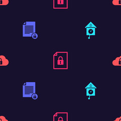 Set Retro wall watch, Document and lock, and Cloud computing on seamless pattern. Vector