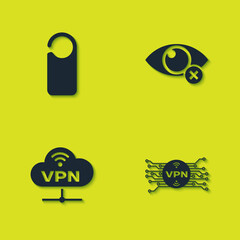 Set Please do not disturb, VPN with microchip circuit, Network cloud connection and Invisible hide icon. Vector