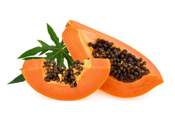 Ripe papaya fruit with seeds isolated on white background.