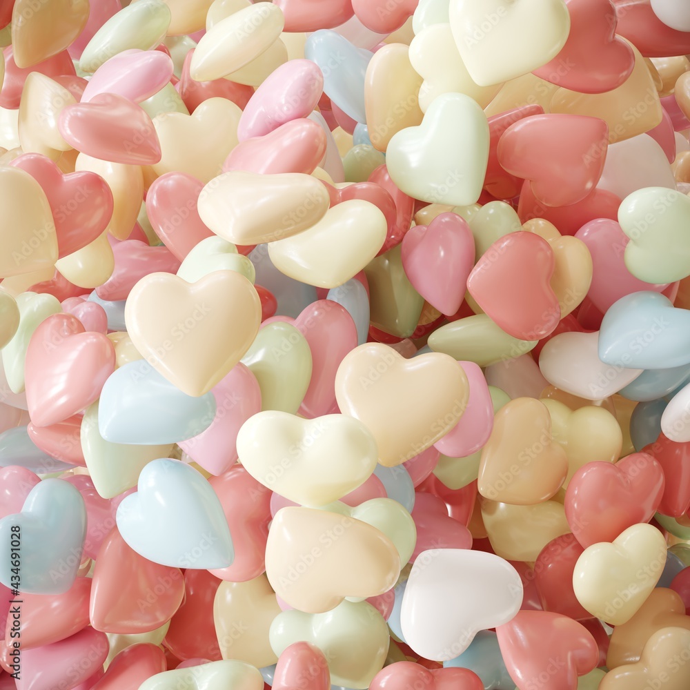 Poster colorful random color pastel of heart shape background top view. 3d rendering. minimal idea concept 