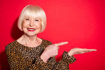 Photo of charming nice pretty old woman point finger hold hand empty space offer product isolated...