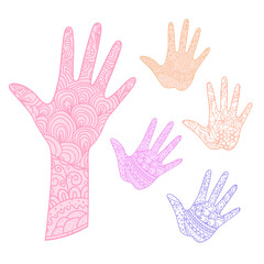 Hand. Arm. Hand drawn abstract patterns on isolation background. Design for spiritual relaxation for adults. Line art creation. Print for polygraphy, posters and textiles. Outline for t-shirts