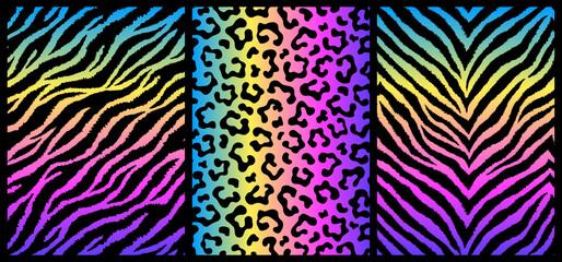 Animal skin colorful print set. Tiger stripes, lines and leopard markings backgrounds. Detailed hand-drawn vector designs for posters, banners, etc.